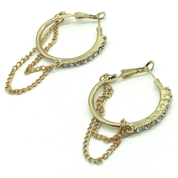 Gold Hoop Earrings w/ Rhinestone Chain Accents - Picture 4 of 5